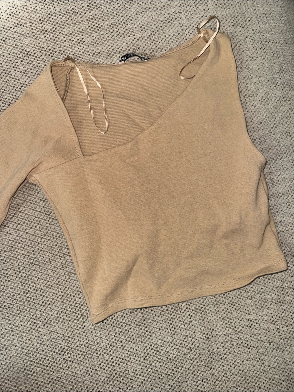 Asymmetric One-Shoulder Knit Top in Tan